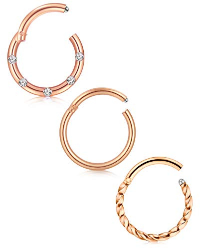 Mayhoop 18G Anello al naso piercing naso Acciaio chirurgico oro rosa 10mm Segmento incernierato Anelli Clicker Cerchio Sopracciglio Anelli labbra Tragus Daith Helix Orecchini Piercing gioielli 3Pcs