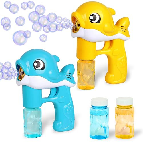 Sloosh 2 Seifenblasenpistolen, Wal Seifenblasen Pistolen für Kinder, LED Seifenblasenpistole, mit 4 Seifenblasenlösung, Seifenblasenpistole, inklusive Batterien für Kinder, Outdoor-Spielzeug