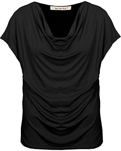 Van Der Rich ® - T-Shirt mit Wasserfallkragen Kurze Ärmel - Damen (Schwarz, M)