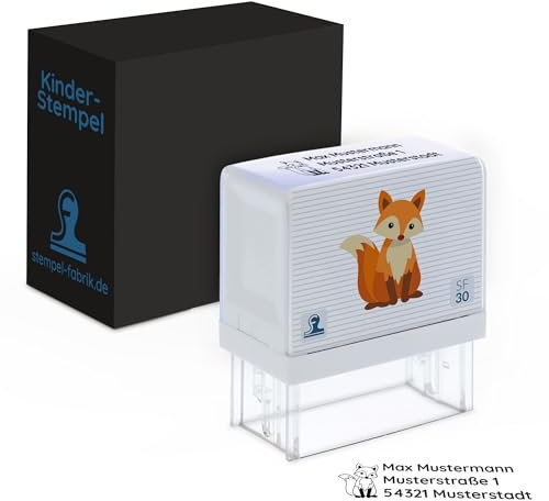 STEMPEL-FABRIK– Personalisierter Kinderstempel mit Namen & Adresse – Namensstempel für Kinder mit Motiv Fuchs – Adressstempel für Schüler/Schule & Kindergarten als Geschenk
