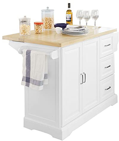 SoBuy Kücheninsel auf Rollen Servierwagen mit Rollen Küchenwagen mit ausziehbarer Arbeitsplatte Rollwagen mit Schubladen Barwagen für Küche, Esszimmer, Frühstücksbar Weiß 130x91x46(+25) cm FKW41-WN