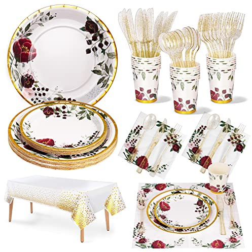 Nkaiso Vaisselle de fête Fleur, 141 Pièces Vaisselle Anniversaire Set Couvert Floral Assiette Carton Gobelets Serviette Papier couverts pour Party Decoration -20 Invités