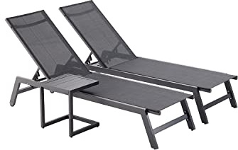 CONCEPT USINE | Lot De 2 Transats Inclinables + Table d'Appoint | Bain De Soleil d'Extérieur | Prato Noir | 2 roulettes | Aluminium Textilène Dossier Réglable | Jardin Terrasse Plage Piscine