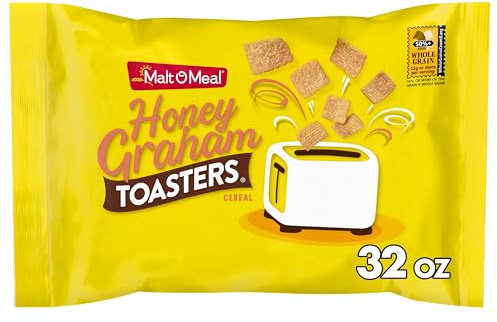 Malt-O-Meal Honey Graham Toasters Breakfast Cereal, Honey Graham Squares, Super-Size Bagged Cereal, 32 OZ Resealable Bag