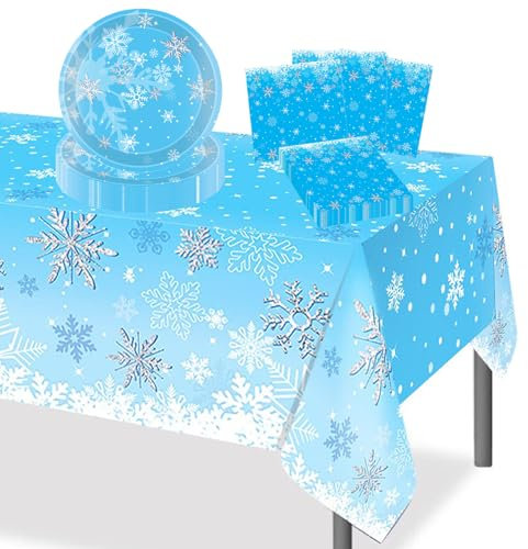 POPOYU Winter Schneeflocke Partygeschirr Dekoration,37 Stück Pappteller Schneeflocke Geschirr Servietten Tischdeko,Weihnachtspapier Papier Partygeschirr Set für 16 Gäste Winter Woderland Dekoration