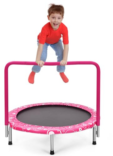 KOMFOTTEU Mini Trampolino per Bambini 92 cm, Pieghevole, con Maniglia e Copertura di Sicurezza, per Interni ed Esterni (Rosa)