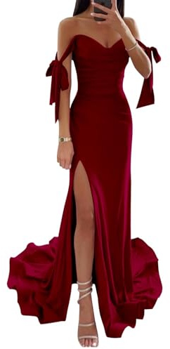 KURFACE Robe de demoiselle d'honneur formelle en satin à épaules dénudées avec fente plissée sans bretelles, bordeaux, 34