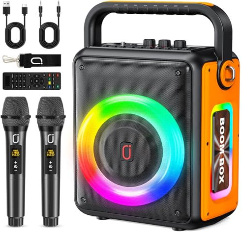 HWWR Karaoke con 2 Microfoni, Karaoke Cassa Portatile Bluetooth con Sistema PA per Adulti e Bambini, Ricaricabile Karaoke Professionale Completo Supporta TWS/LED/AUX/USB/TF per Feste a Casa