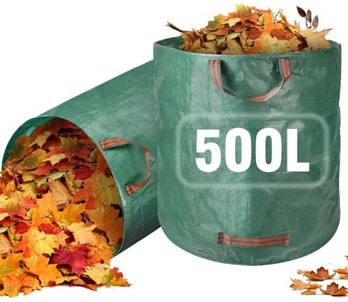 Lot de 2 grands sacs à déchets de jardin très résistants, 500 l avec poignées, sacs poubelle réutilisables pour débris, herbe, boutures, feuilles, vert