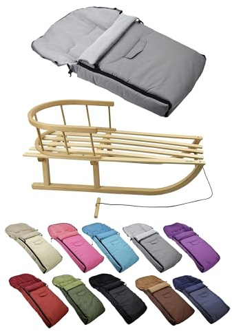 Kombi-erbjudande [träsläde universell vinteråkpåse 90 cm] kälke med ryggstöd och dragrep, fotsäck, lämplig för babystol, barnvagn, buggy med termofleece (ljusgrå)