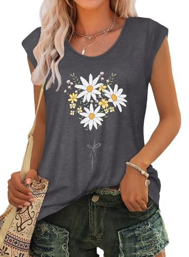florynova Women’s Tunic Summer Cap Sleeve Stretchy Fit Shirts Casual Cotton Tops Daily Wear(Dark Grey Flower,L)