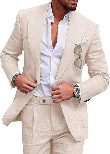 UNINUKOO Linen Suit for Men Summer Wedding 2 Piece Suit Set Peak Lapel Casual Blazer Pants Beach Wear for Men, Beige, XL