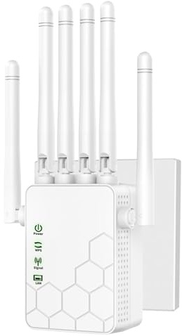 Kraftfull WiFi-repeater, WiFi-förstärkare med 6 högförstärkningsantenner, 2 LAN-portar, WiFi-förlängare kompatibel med alla internetboxar
