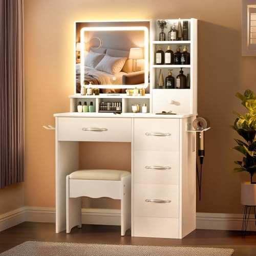 Untimaty Professional Dressing Table With Mirror and Stool, Muti-Drawer