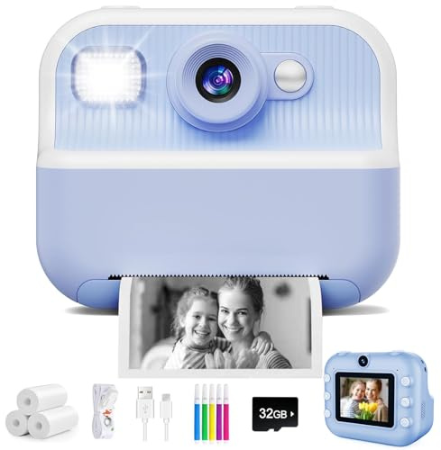 Kids Camera, 1080P HD 2.4 Front Rear Dual Selfie Instant Camera for Kids with 32GB Card & 3 Rolls Paper, Selfie Digital Camara, Birthday Gifts Childrens Selfie Toys for Boys Girls Age 3-12 (blue)