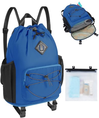 WANDF Drawstring Backpack with Removable Wet Pocket, Sandproof Beach Backpack with Bottom Compression Strap for Beach Mat, Swim Bag for Pool, Gym, Travel and Workout Gear (Navy Blue)