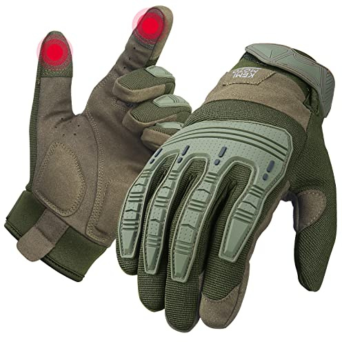 KEMIMOTO Taktiska handskar, arbetshandskar herr, militära insatshandskar med pekskärm, fullfinger, utomhushandskar för busushcraft, jakt och säkerhet (grön, XL)