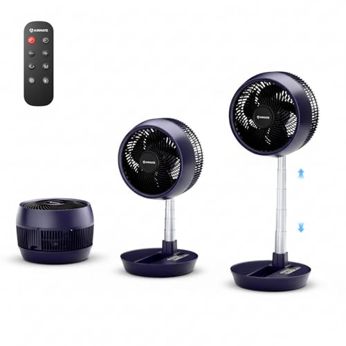 AIRMATE 63CM Ventilatore a Piantana con Telecomando, Ventilatore da Tavolo Silenzioso Pieghevole e Altezza Regolabile, 90°+180°Oscillante, 8 Velocità, Timer, Ventilatore Potente per Scrivania e Camera