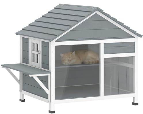 PawHut Maison pour Chat en Bois Toit Ouvrant Fenêtre 101x72,5x81cm Gris