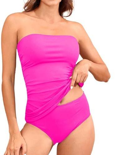 Bandeau baddräkter för kvinnor, tvådelade tankini set med volang, axelbandslös elegant design för strandpool, Het rosa, L