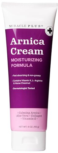 Miracle Plus Arnica Cream Bruise Relief Lotion For Bruising And Swelling On Skin | Arnica Montana Extra Strength Vitamin K Cream | Moisturizing Formula Skin Care Gel With Horse Chestnut, 4 Fl Oz