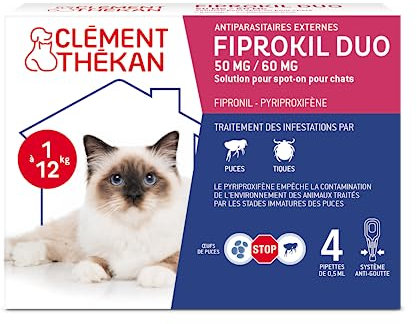 Clément Thékan - Anti-puces et Anti-tiques pour Chats - Protection 2 en 1 : Protège Votre Chat et Son Environnement - Actif Contre Les œufs de puces - 4 pipettes Fiprokil Duo (50mg/60mg)