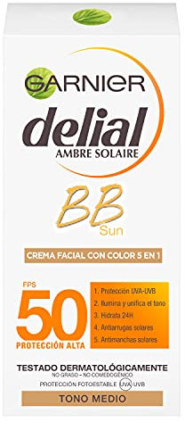 Garnier Delial BB Sun Crema Protector Solar con Color Especial Rostro y Escote IP50+ con Vitamina E - 50 ml