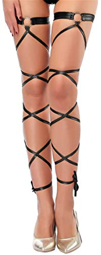 SKEPO Damen Sexy Elastische Bein Strumpfband Set Doppel Gürtel mit O Ring und 4 Straps für Cosplay Party (Schwarz)