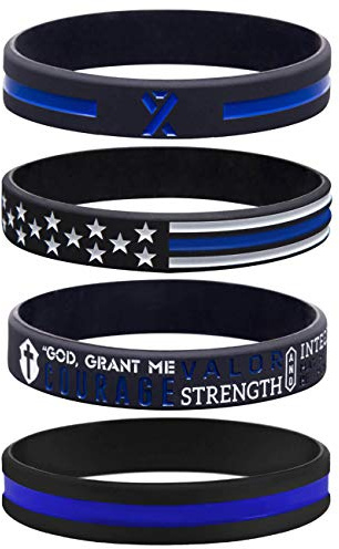 Sainstone Police Silicone Bracelet Set with Thin Blue Line, Policeman's Prayer, American Flag and Blue Awareness Ribbon- Support Law Enforcement Rubber Wristband Gifts for Police Officers Cops (4 Pcs)