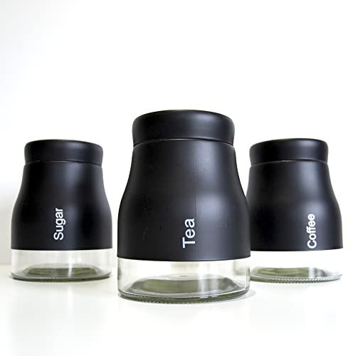 JJA Kitchen Storage Canister Set of 3 Pcs, Tea, Coffee and Sugar, Glass Jar with Screw Lid, Kitchenware for Avid Tea & Coffee Drinkers (BLACK)
