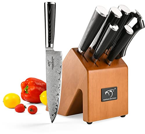 Damascus Knife Set 7 Pcs with Wooden Handle, Damascus Steel Kitchen Knife Block Sets, Professional Chef's,Santoku,Universal， Fruit,Bread and Kitchen Scissors