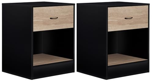 IDMarket - Lot de 2 Tables de Chevet Olga 1 tiroir avec Niche Bois Noir et tiroir façon hêtre