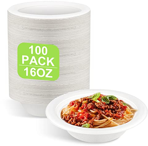 GREENESAGE 100 Pack Paper Bowls Disposable Bowls 16oz Eco-Friendly, Sugarcane Strong White Bowls Serving Bowls Compostable Soup Bowls for Hot Food Christmas Wedding Party
