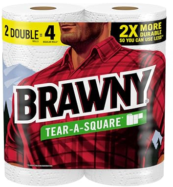 Brawny Tear-A-Square Paper Towels, 2 Double Rolls = 4 Regular Rolls, 3 Sheet Sizes (Quarter, Half, Full), Strength for All Messes, Cleanups, and Meal Prep