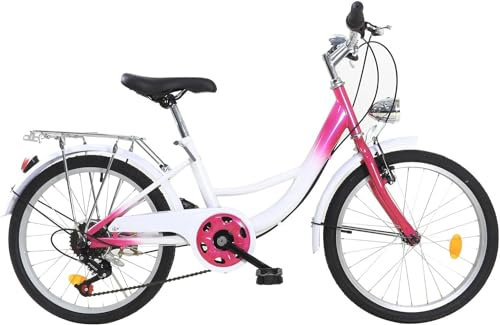 Jolre 20 Zoll Kinderfahrrad, 6-Gang-Mädchenfahrrad, rosa Teenagerfahrrad, rosa Kinderfahrrad, Citybike mit Licht, passend für 145-165 cm