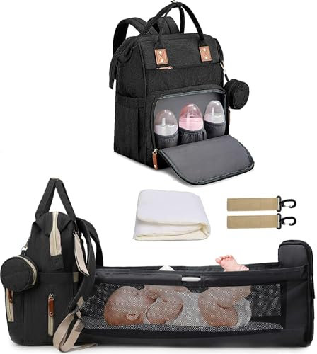 Fexkean Wickeltasche Rucksack Baby Wickelrucksäcke Reisewindeltasche mit faltbarem Kinderbett mit Multifunktions Babytaschen Wickelauflage Babybettrucksack（All Black）