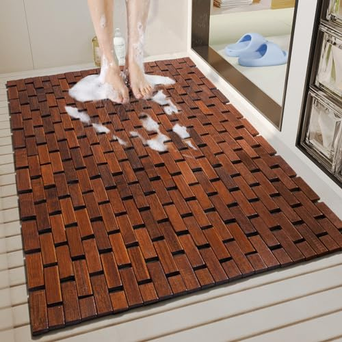Liveinu Bath Mat for Luxury Shower, Non-Slip Bamboo Sturdy Waterproof Bathroom Carpet for Sauna Spa Steps Decor and Accessory, Brown, 24 x 36