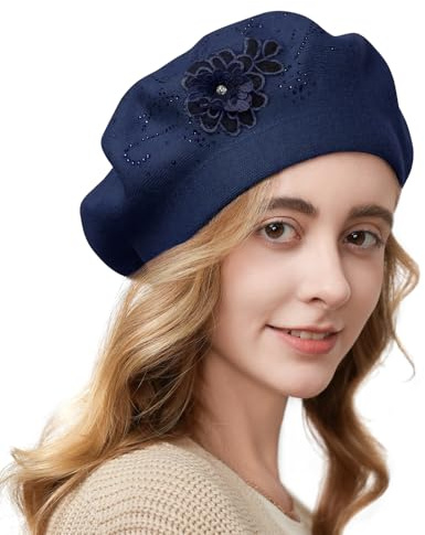 Flower Embroidery Beret Hat for Women, French Style Knitted Berets Hats, Stylish Solid Color Beret Cap for Women Girls Lady Navy Blue