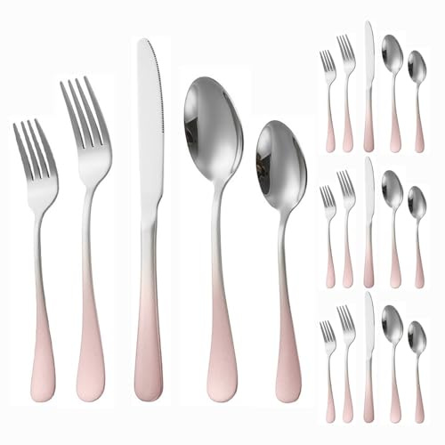 Mango De Color Degradado Engrosado Cocina Acero Inoxidable Cubiertos Vajilla Juego Cuchillo Para Bistec Tenedor Cuchara Cucharadita (Plata rosa degradada,20 piezas)