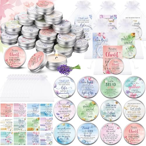 48 Pack Christian Scented Candle Bulk Bible Verse Candle with Scripture Cards Gift Bags 0.3 oz Religious Christmas Gifts for Women Church Baptism Prayer Party Guest(Floral,Colorful)