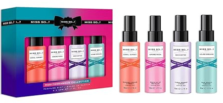 Miss SO...? Mediterranean Coffret cadeau Brume corporelle pour femme, vaporisateurs parfumés, 4 x 50 ml