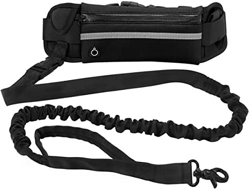 Joggingleine Hunde 160-220cm Nylon Freihandleine Hund mit Gürteltasche Elastische Reflektierende Laufleine zum Laufen Joggen Wandern (Schwarz)