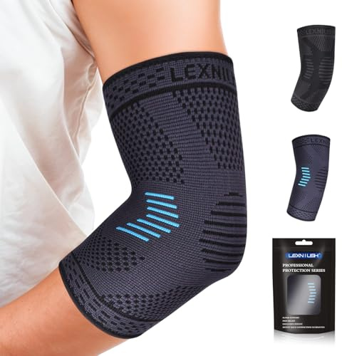 Lexniush Elbow Support for Women Men, Elbow Compression Sleeves for Tennis & Golfers Elbow, Tendonitis Arthritis, Joint Pain Relief Arm Support, Elbow Brace for Sport, Gym(Grey Blue, L)
