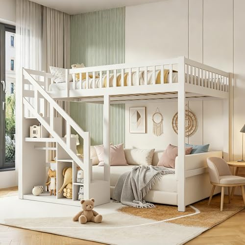 AZJSAHAH Letto a castello, 90 x 200 cm, letto a castello con scale e spazio di archiviazione, lettino per bambini con libreria e armadio, letto per ragazzi con rete a doghe, in legno massiccio, senza
