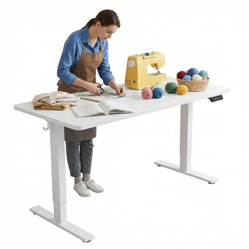 TIQLAB Electric Adjustable Sewing Table, 63x24 Workbench Adjustable Height, Ergonomic Worktable for Garage, Craft Desk, Spacious Desk for Sewing and Crafts, 3 Splice Board, White