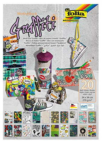 folia 48349 - Motivblock Grafitti, 270 g/qm, ca. 24 x 34 cm, 20 Blatt sortiert in verschiedenen Motiven - zum Basteln und kreativen Gestalten von Karten, Fensterbildern und für Scrapbooking