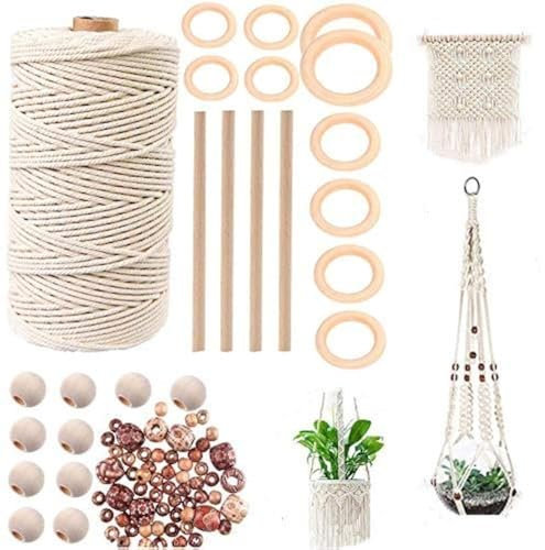 TOKERD 100m Makramee Garn mit Natürliche Baumwollgarn 3mm, Holzstäbchen, Holzringe und Holzperlen, Makramee Baumwolle Kordel für Wandbehang Hängepflanze DIY Dekoration Weben
