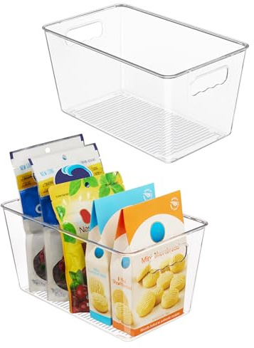 Vtopmart Clear Plastic Pantry Organizer Bins, 2 PCS Food Storage Bins with Handle for Refrigerator, Fridge, Cabinet, Kitchen, Countertops, Cupboard, Freezer Organization and Storage, BPA Free, Medium