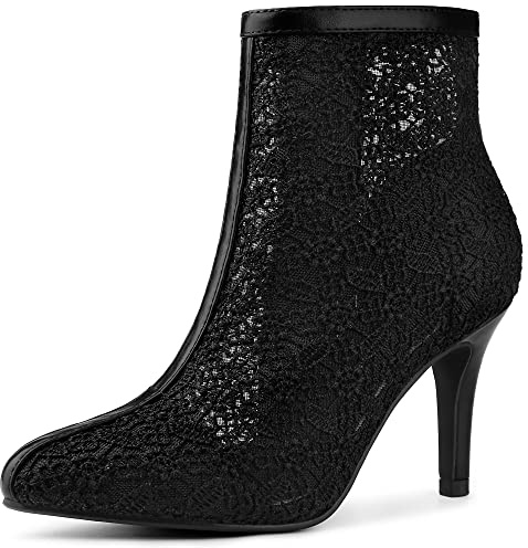 Allegra K Women's Floral Embroidered Stiletto Heels Lace Black Ankle Boots 8.5 M US