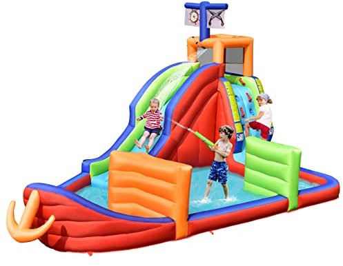 COSTWAY Inflatable Water Slide, Jumping Bouncy Castle with Water Guns, Splash Pool and Climbing Wall, Outdoor Blow Up Activity Center for Kids (6 in 1)